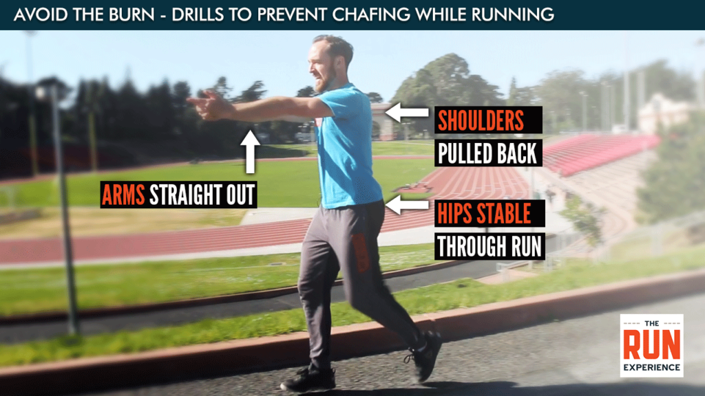 Coach Nate performing stable arm drill to prevent chafing while running